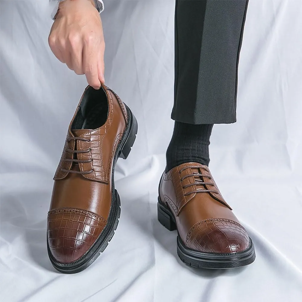 Men's Formal Shoes Classic Lace Up Tuxedo Plain Toe French Leather Non Slip Block Heel Anti-Slip Business