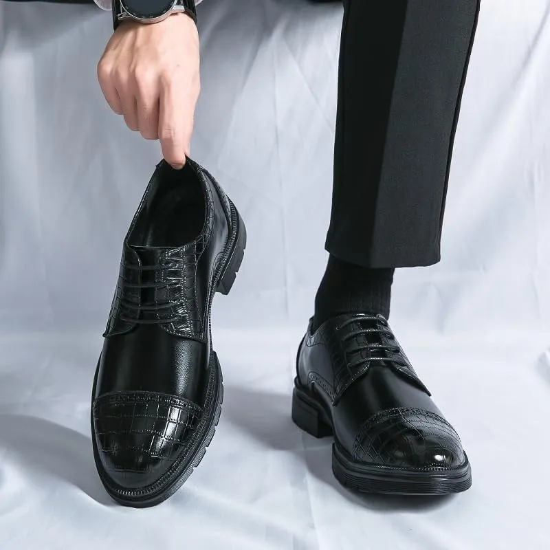 Men's Formal Shoes Classic Lace Up Tuxedo Plain Toe French Leather Non Slip Block Heel Anti-Slip Business