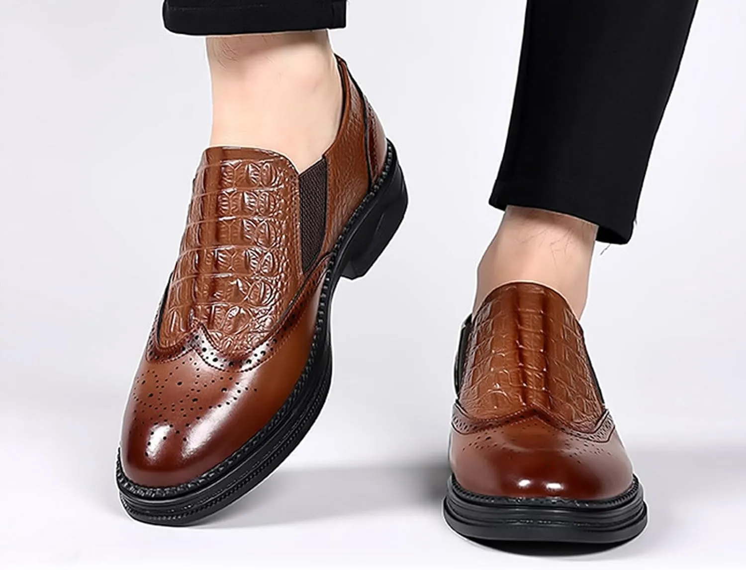 Men's Genuine Leather Lace-Up Brogue Oxford Shoes,Slip-On Casual Business Office Formal Shoes,Wedding Groomsmen Suit Shoes