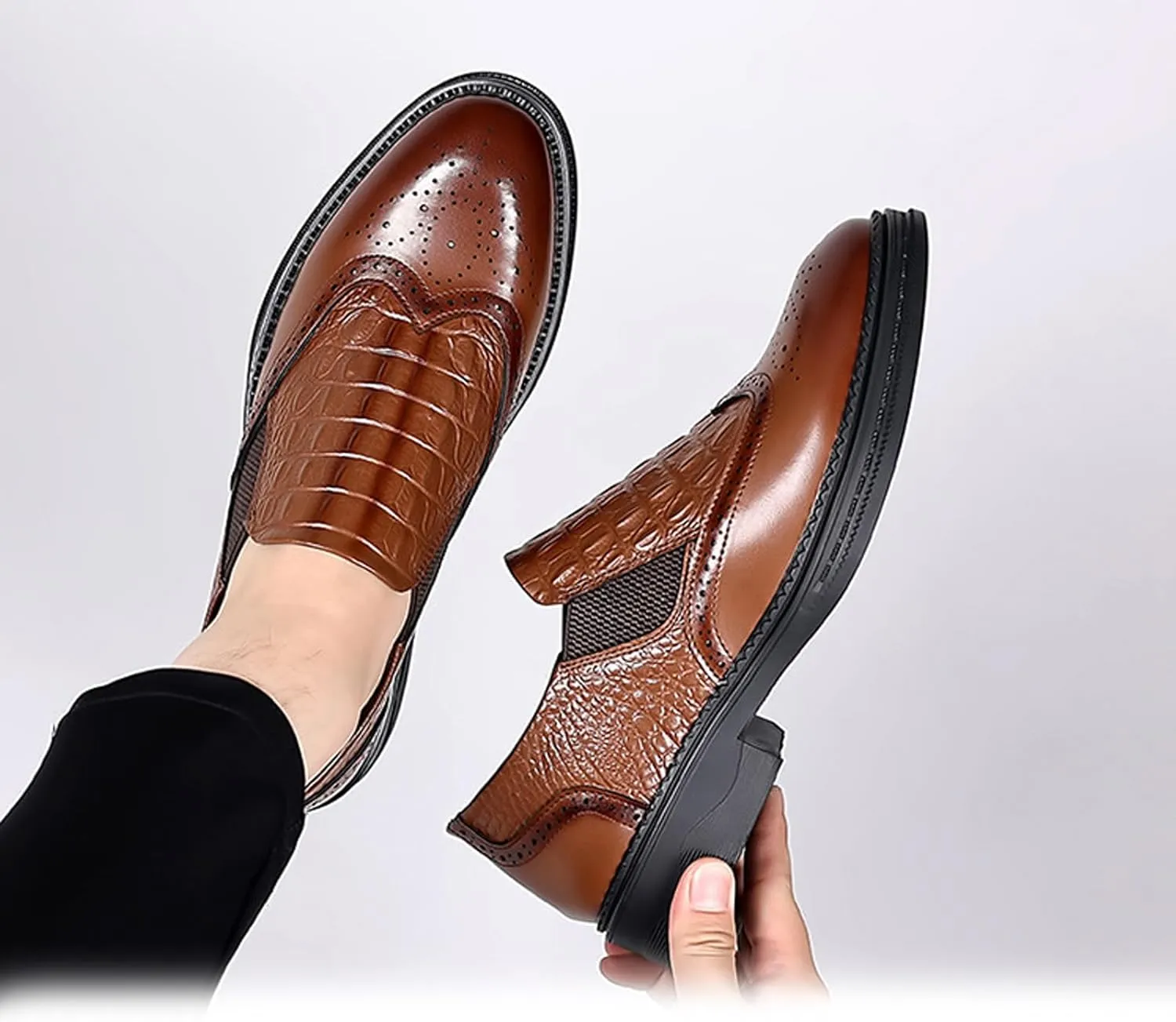 Men's Genuine Leather Lace-Up Brogue Oxford Shoes,Slip-On Casual Business Office Formal Shoes,Wedding Groomsmen Suit Shoes