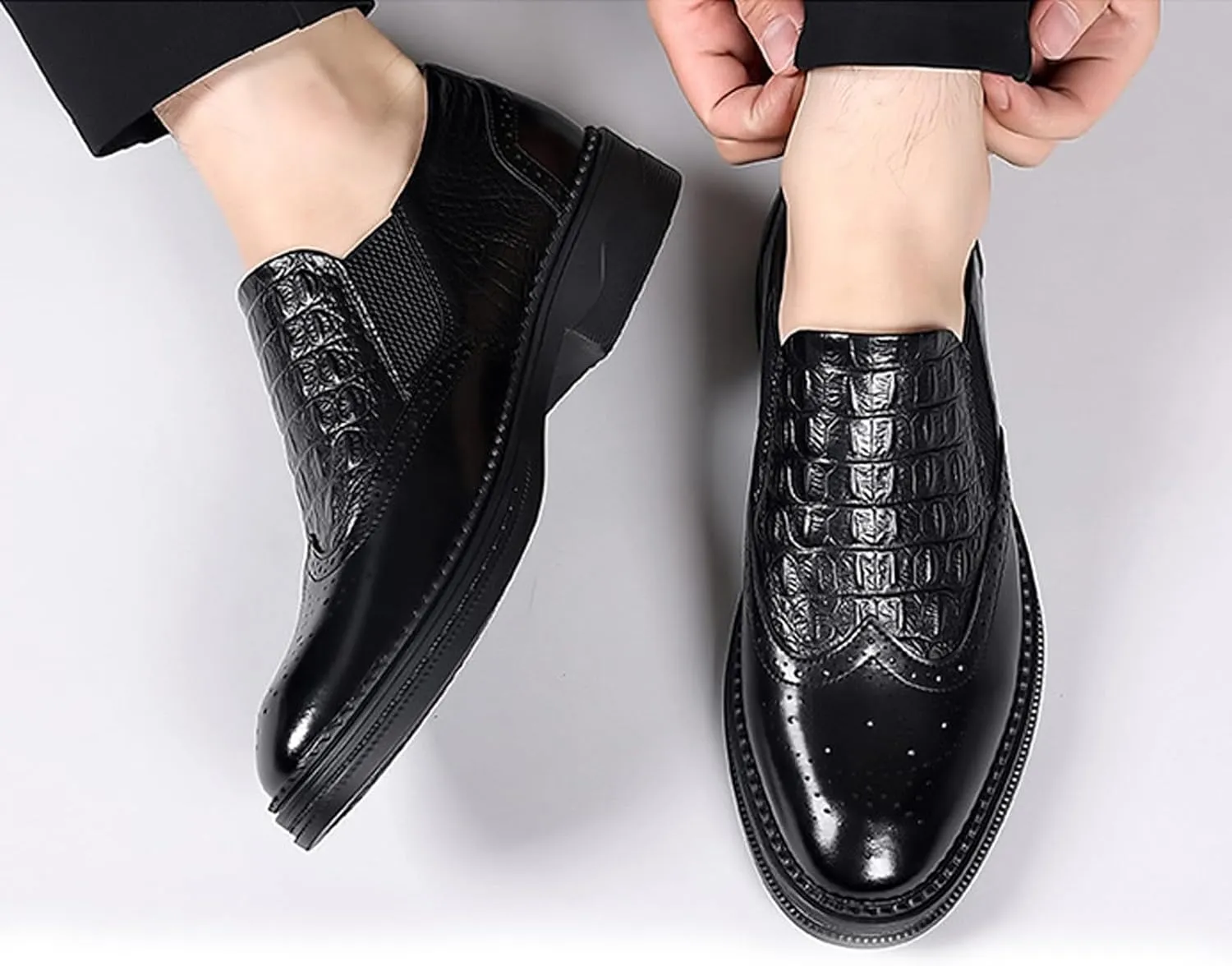 Men's Genuine Leather Lace-Up Brogue Oxford Shoes,Slip-On Casual Business Office Formal Shoes,Wedding Groomsmen Suit Shoes