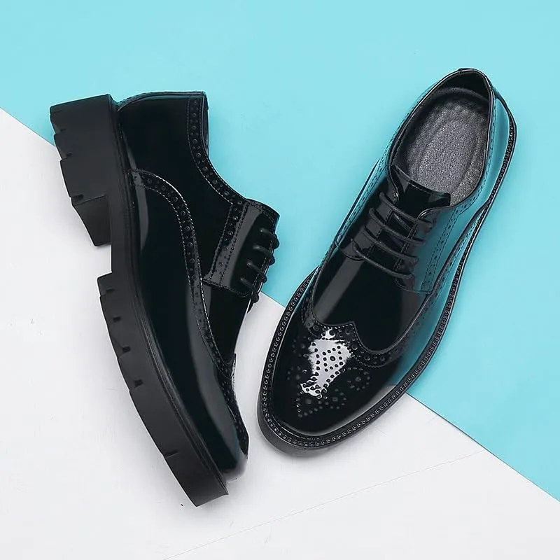 Mens Leather Dress Shoes Smooth Upper Lace Up Slip On Soft Shoes Brogue Carving Design 2 Inch Sole Flat Toe Business Casual Formal Shoes