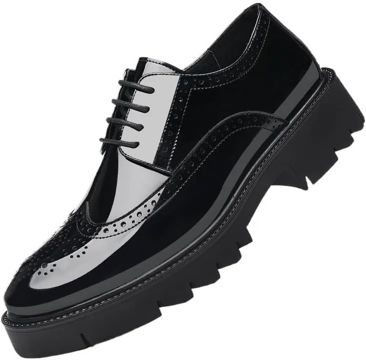 Mens Leather Dress Shoes Smooth Upper Lace Up Slip On Soft Shoes Brogue Carving Design 2 Inch Sole Flat Toe Business Casual Formal Shoes