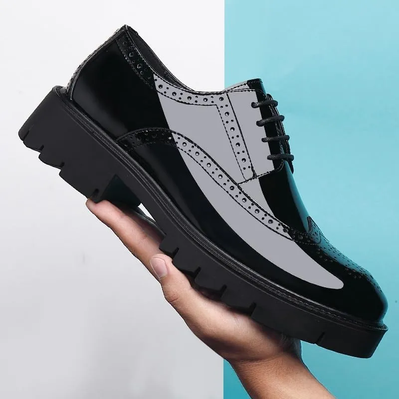 Mens Leather Dress Shoes Smooth Upper Lace Up Slip On Soft Shoes Brogue Carving Design 2 Inch Sole Flat Toe Business Casual Formal Shoes