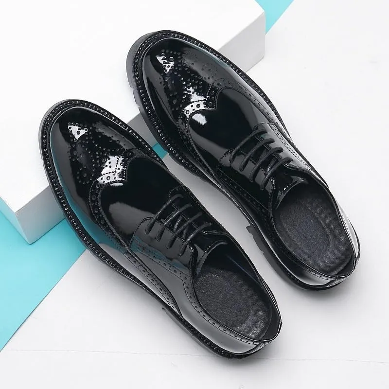 Mens Leather Dress Shoes Smooth Upper Lace Up Slip On Soft Shoes Brogue Carving Design 2 Inch Sole Flat Toe Business Casual Formal Shoes