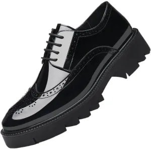 Mens Leather Dress Shoes Smooth Upper Lace Up Slip On Soft Shoes Brogue Carving Design 2 Inch Sole Flat Toe Business Casual Formal Shoes