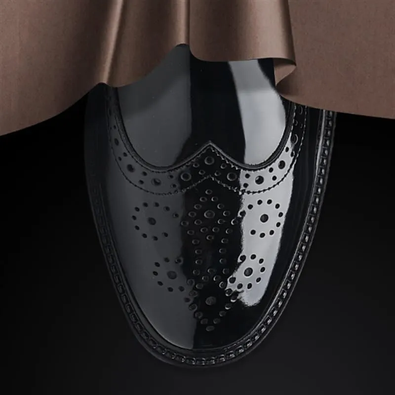Mens Leather Dress Shoes Smooth Upper Lace Up Slip On Soft Shoes Brogue Carving Design 2 Inch Sole Flat Toe Business Casual Formal Shoes