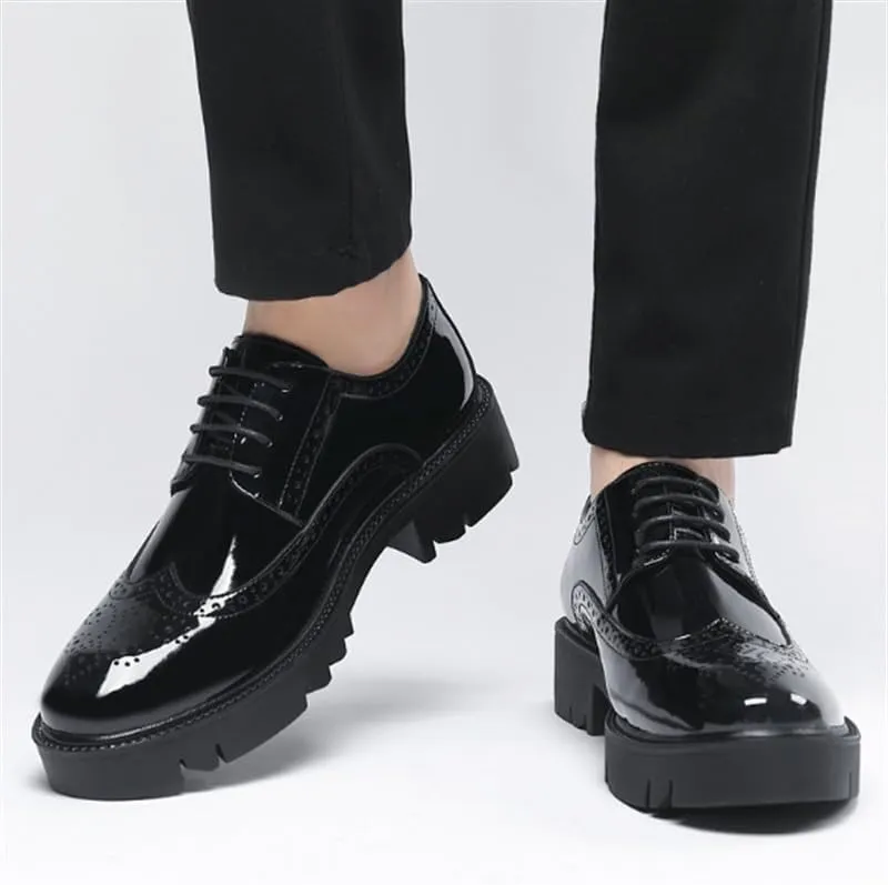 Mens Leather Dress Shoes Smooth Upper Lace Up Slip On Soft Shoes Brogue Carving Design 2 Inch Sole Flat Toe Business Casual Formal Shoes
