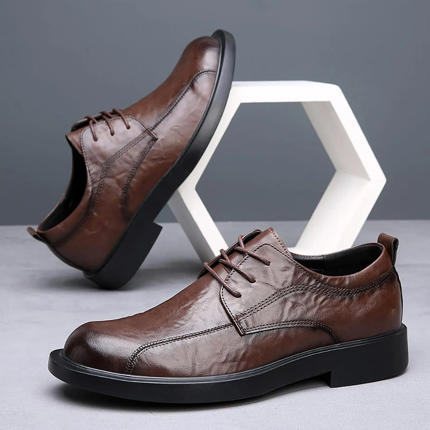 Men's Leather Lace-up Dress Oxfords,Classic Exquisite Stitching Breathable Round Toe Formal Shoes Casual Business Wedding Work Derby Shoes