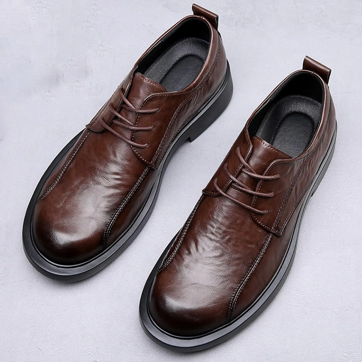 Men's Leather Lace-up Dress Oxfords,Classic Exquisite Stitching Breathable Round Toe Formal Shoes Casual Business Wedding Work Derby Shoes