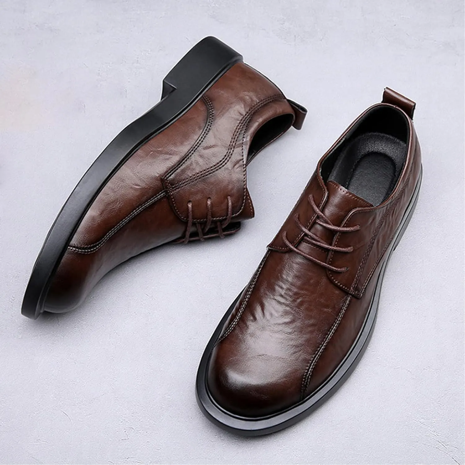 Men's Leather Lace-up Dress Oxfords,Classic Exquisite Stitching Breathable Round Toe Formal Shoes Casual Business Wedding Work Derby Shoes