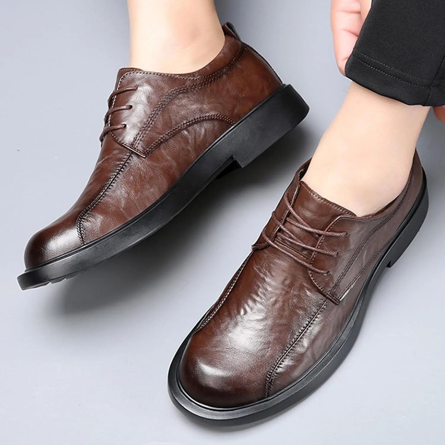 Men's Leather Lace-up Dress Oxfords,Classic Exquisite Stitching Breathable Round Toe Formal Shoes Casual Business Wedding Work Derby Shoes