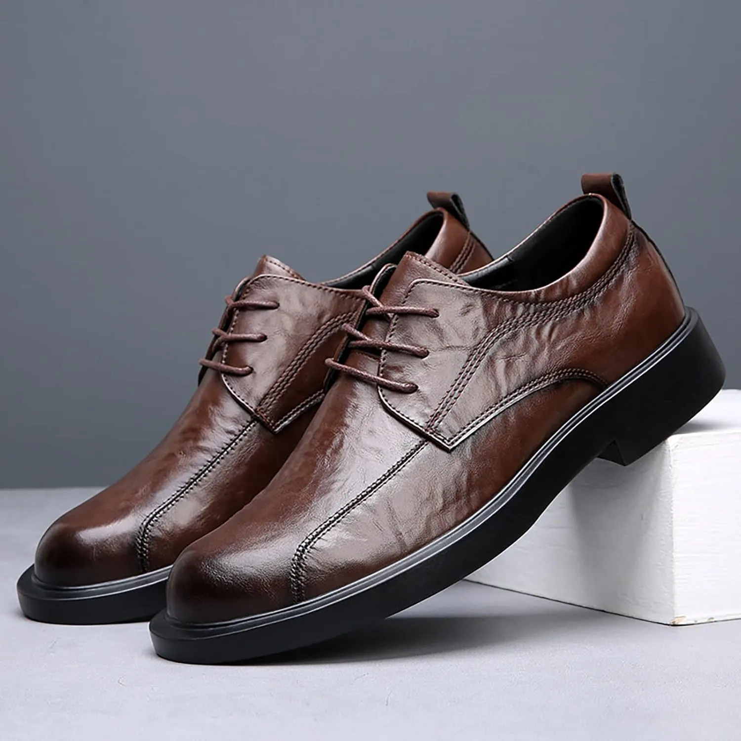 Men's Leather Lace-up Dress Oxfords,Classic Exquisite Stitching Breathable Round Toe Formal Shoes Casual Business Wedding Work Derby Shoes