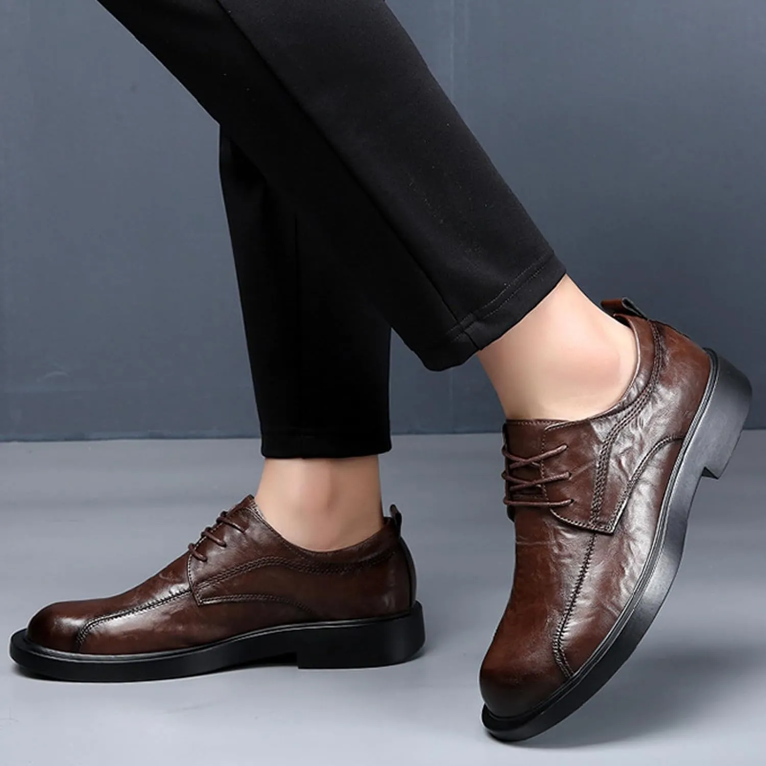 Men's Leather Lace-up Dress Oxfords,Classic Exquisite Stitching Breathable Round Toe Formal Shoes Casual Business Wedding Work Derby Shoes