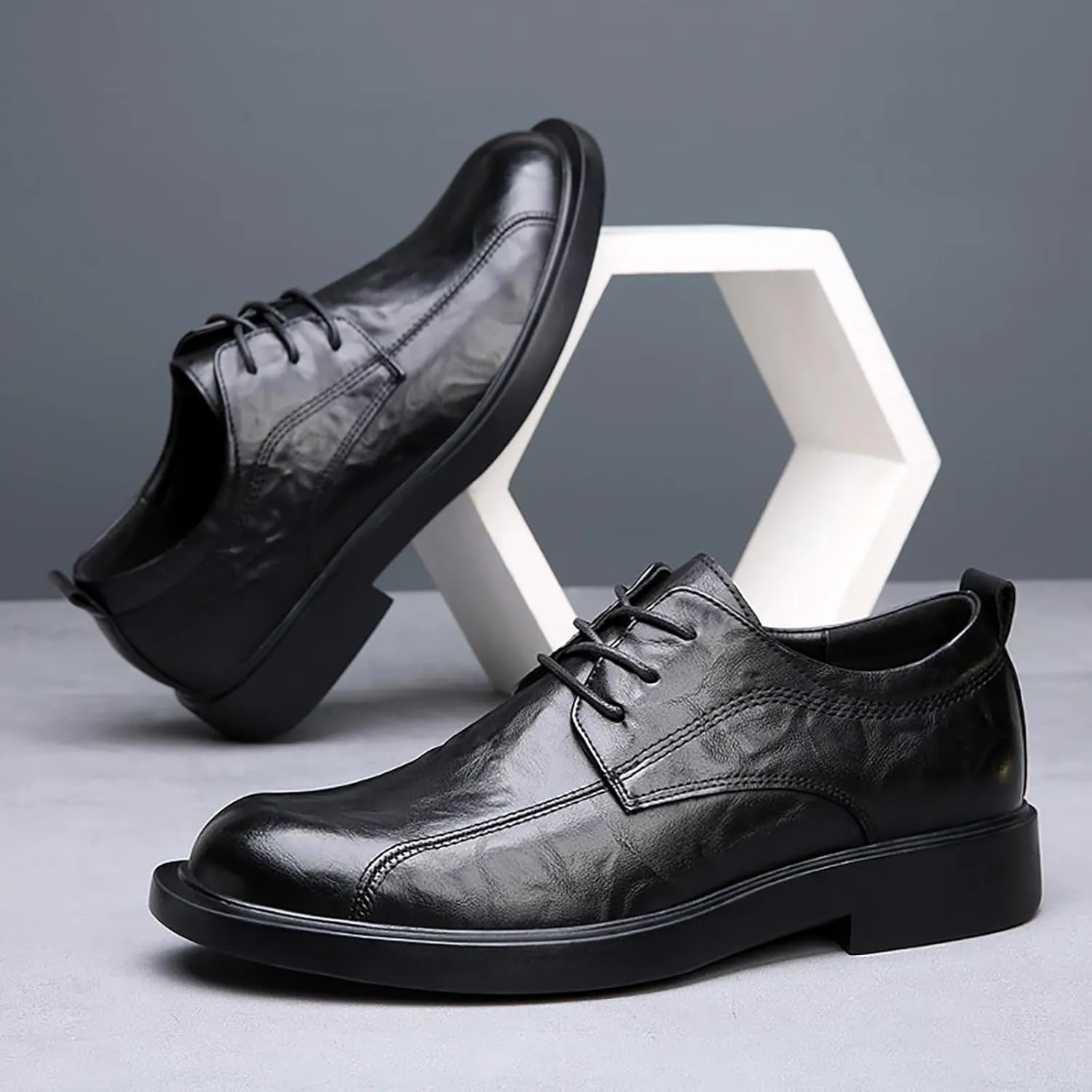 Men's Leather Lace-up Dress Oxfords,Classic Exquisite Stitching Breathable Round Toe Formal Shoes Casual Business Wedding Work Derby Shoes