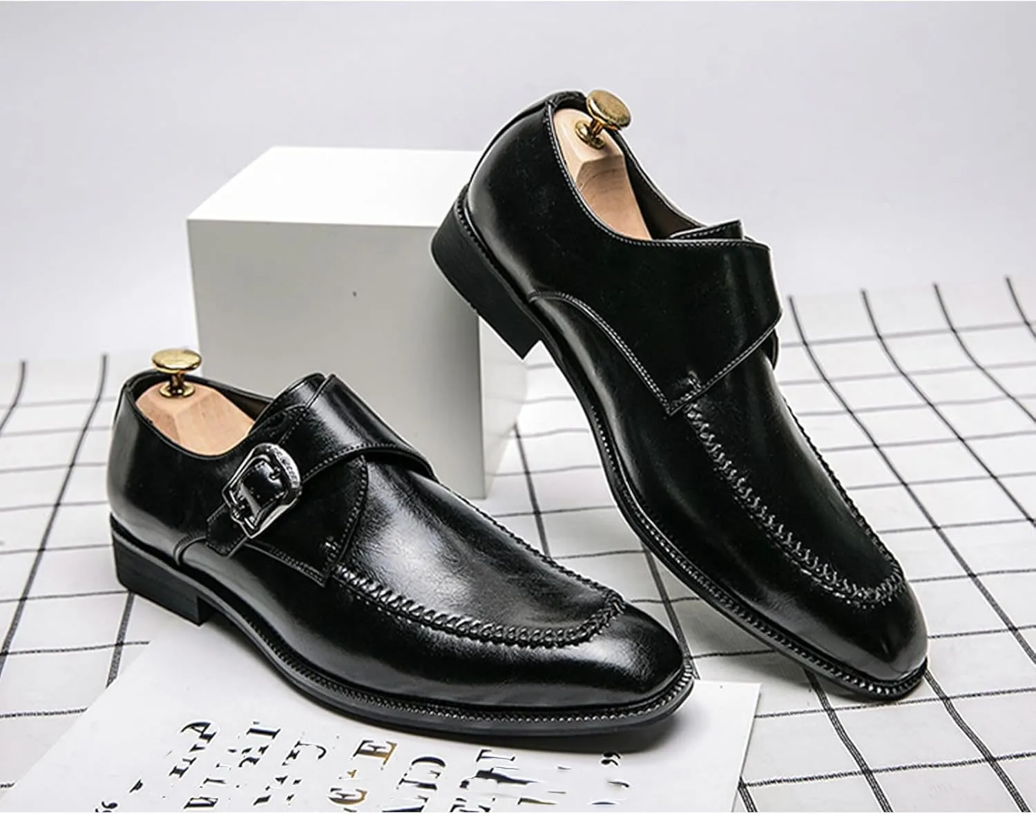 Men's Leather Monk Strap Dress Shoes Classic Cap Toe Comfortable Slip On Oxfords Formal Business Shoes