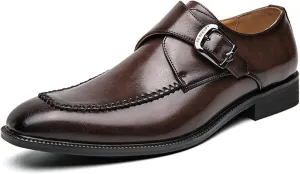 Men's Leather Monk Strap Dress Shoes Classic Cap Toe Comfortable Slip On Oxfords Formal Business Shoes