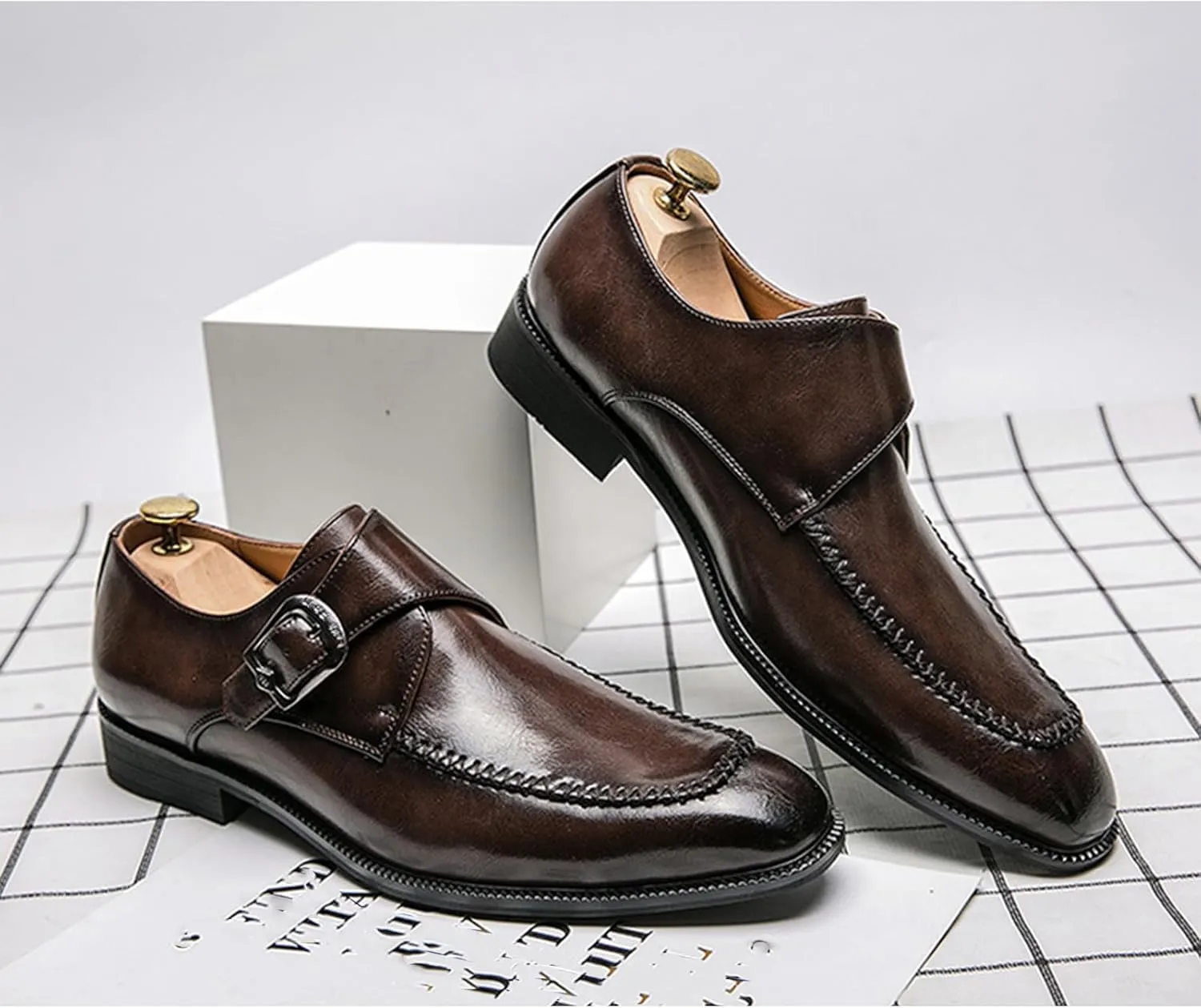 Men's Leather Monk Strap Dress Shoes Classic Cap Toe Comfortable Slip On Oxfords Formal Business Shoes