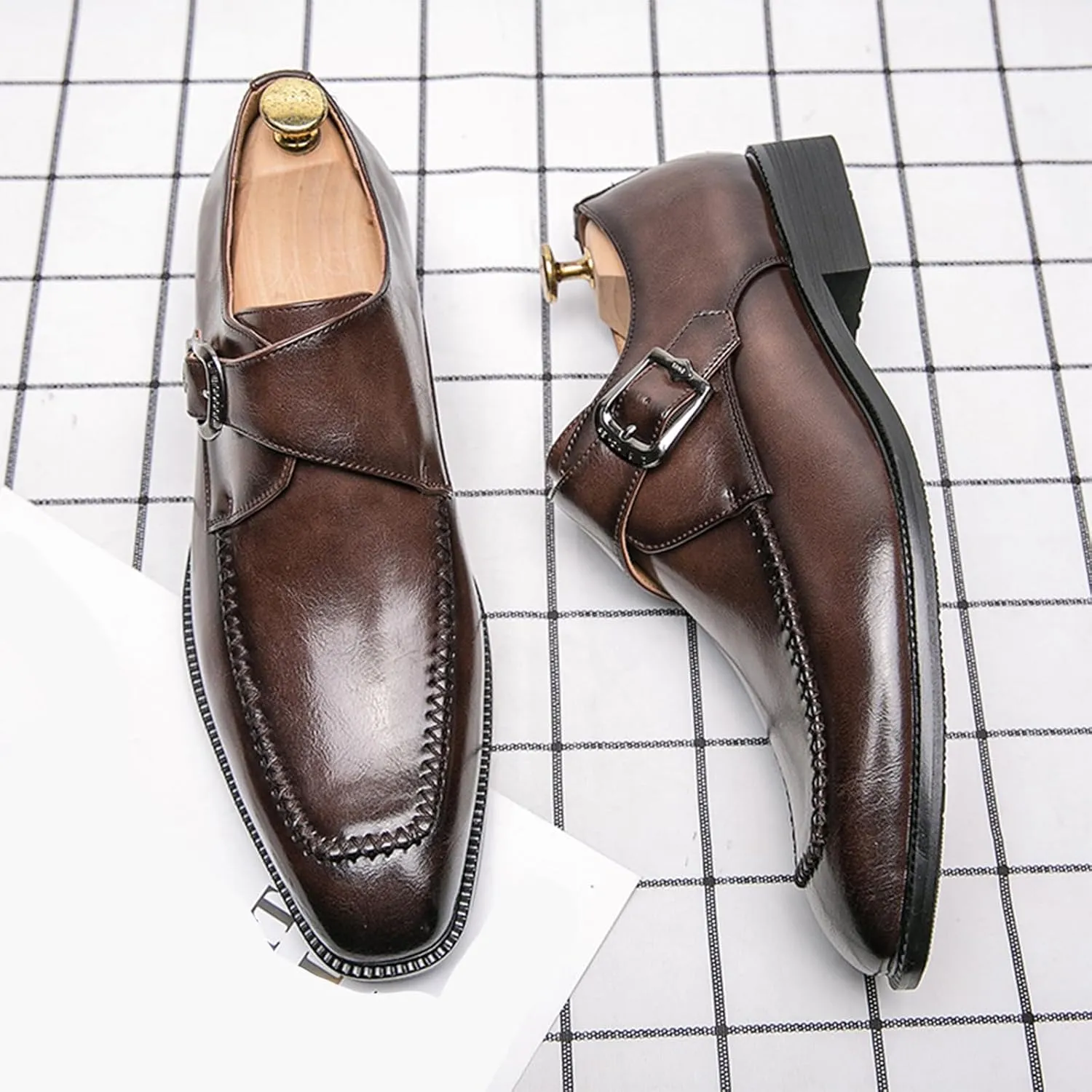 Men's Leather Monk Strap Dress Shoes Classic Cap Toe Comfortable Slip On Oxfords Formal Business Shoes