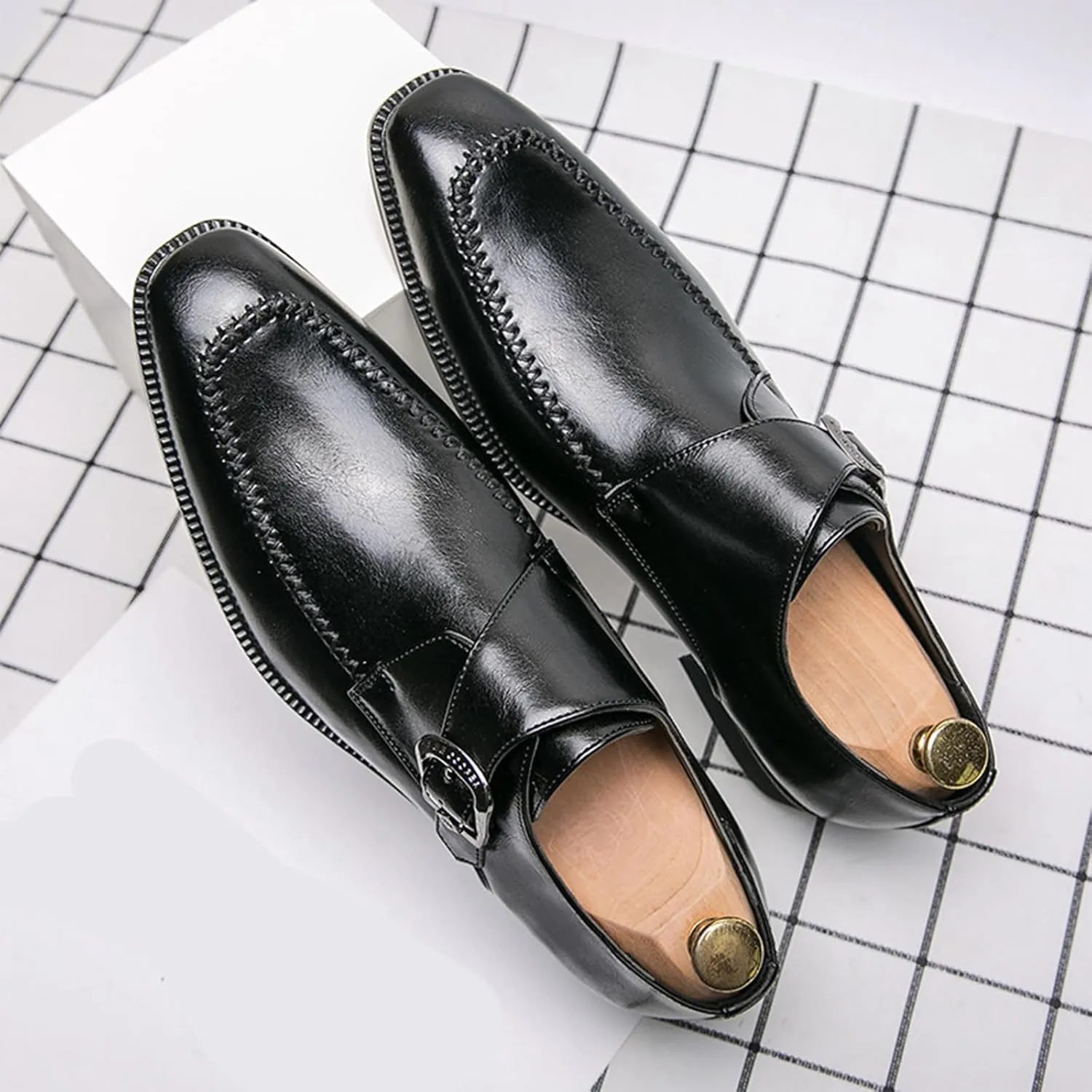 Men's Leather Monk Strap Dress Shoes Classic Cap Toe Comfortable Slip On Oxfords Formal Business Shoes