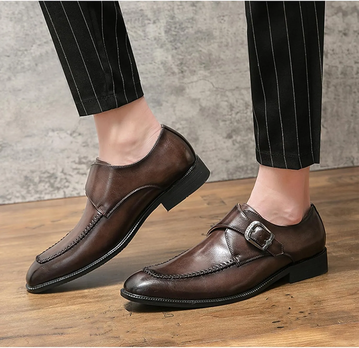 Men's Leather Monk Strap Dress Shoes Classic Cap Toe Comfortable Slip On Oxfords Formal Business Shoes