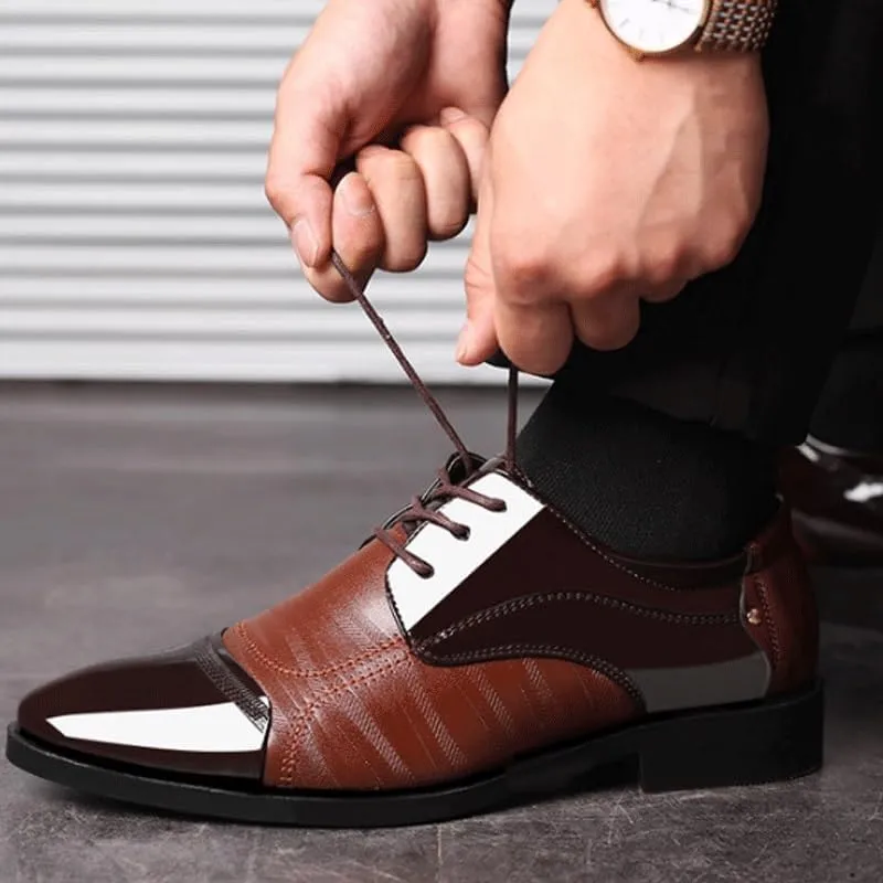Men's Leather Platform Block Heel Oxfords Pointed Toe Shiny Patent Leather Lace Up Casual Prom Party Shoes