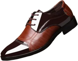 Men's Leather Platform Block Heel Oxfords Pointed Toe Shiny Patent Leather Lace Up Casual Prom Party Shoes
