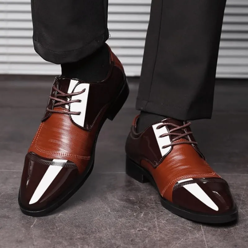 Men's Leather Platform Block Heel Oxfords Pointed Toe Shiny Patent Leather Lace Up Casual Prom Party Shoes