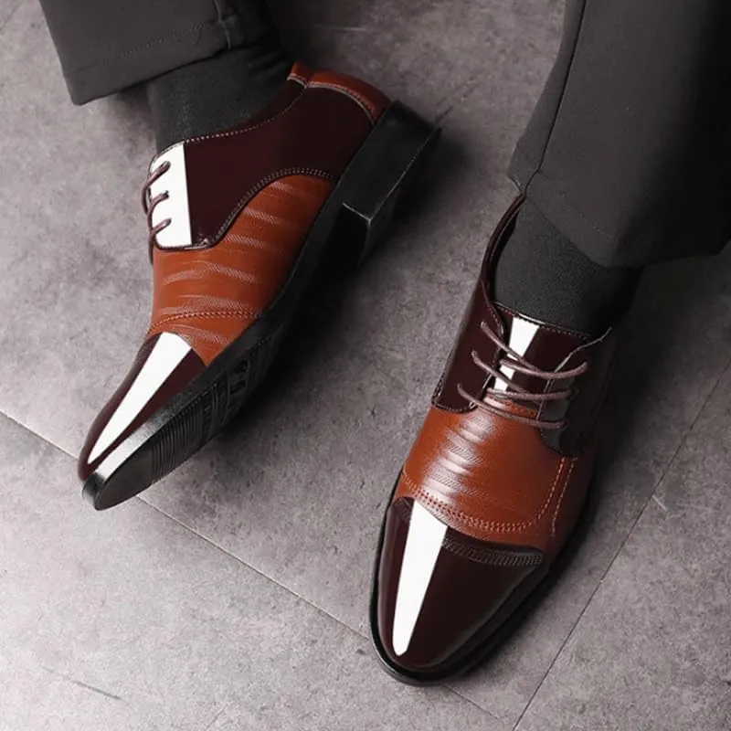 Men's Leather Platform Block Heel Oxfords Pointed Toe Shiny Patent Leather Lace Up Casual Prom Party Shoes