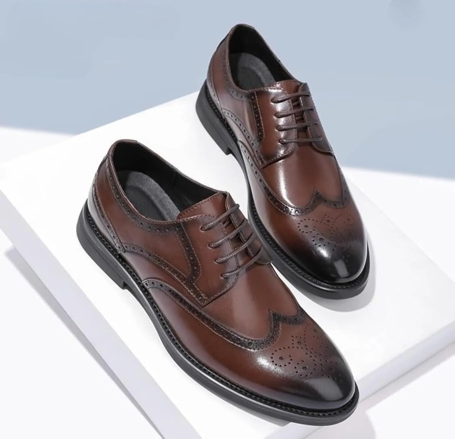 Men's Leather Strap Brogue Dress Oxfords Shoes Classic Wingtip Low Top Slip On Loafers Business Casual Comfortable Formal Shoes