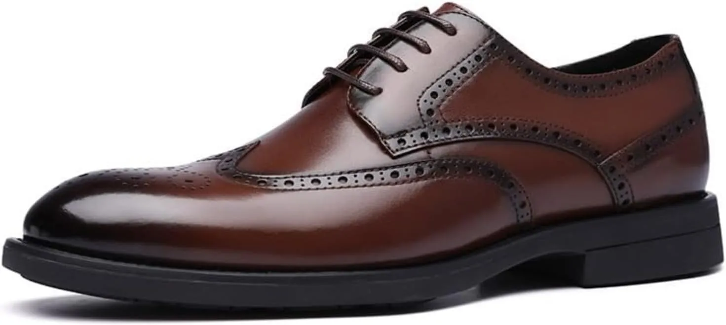 Men's Leather Strap Brogue Dress Oxfords Shoes Classic Wingtip Low Top Slip On Loafers Business Casual Comfortable Formal Shoes