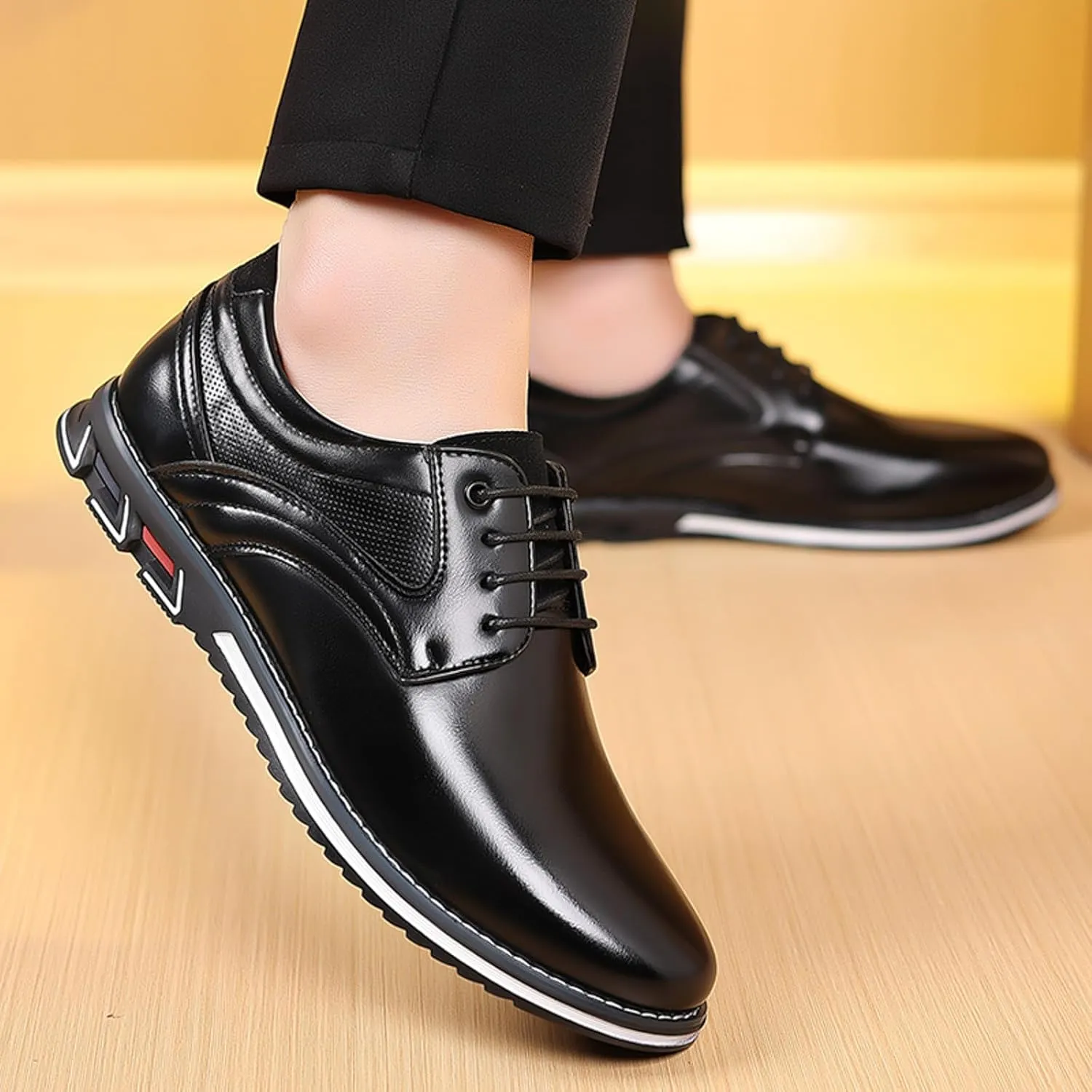 Mens Light Brown Business Casual Shoes Men Leather Shoes Fashionable New Pattern Pointed Flat Bottom Soft Bottom Lace Up Comfortable Large Size Brown Slip On Dress Shoes for Men