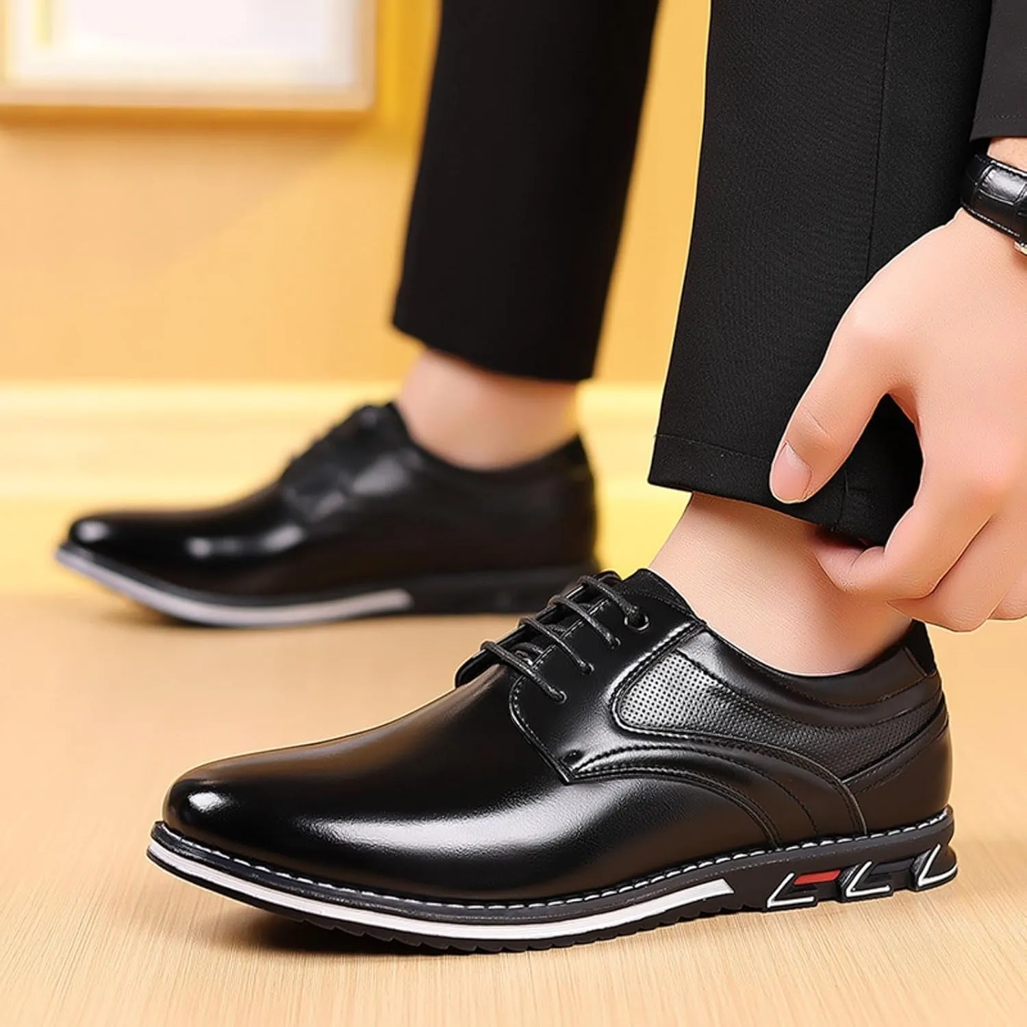 Mens Light Brown Business Casual Shoes Men Leather Shoes Fashionable New Pattern Pointed Flat Bottom Soft Bottom Lace Up Comfortable Large Size Brown Slip On Dress Shoes for Men