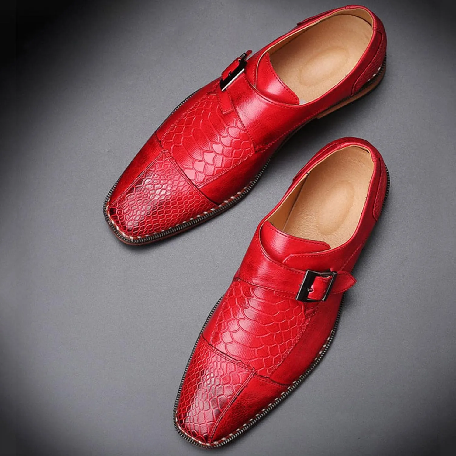 Men's Monk Strap Dress Shoes - Slip on Dress Shoes for Men with Embossed Cap Toe - Designer Formal Shoes with Monk Strap