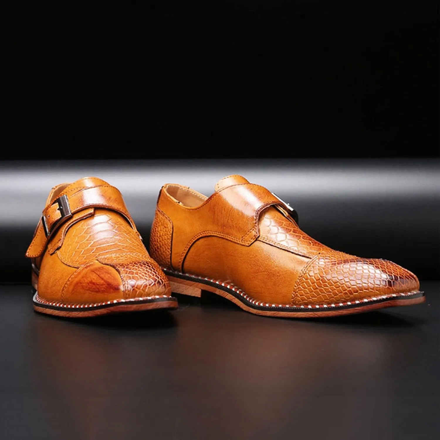 Men's Monk Strap Dress Shoes - Slip on Dress Shoes for Men with Embossed Cap Toe - Designer Formal Shoes with Monk Strap