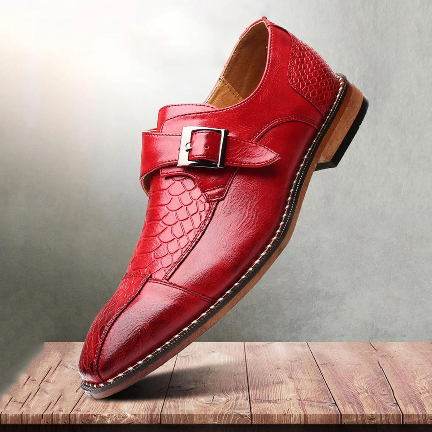 Men's Monk Strap Dress Shoes - Slip on Dress Shoes for Men with Embossed Cap Toe - Designer Formal Shoes with Monk Strap