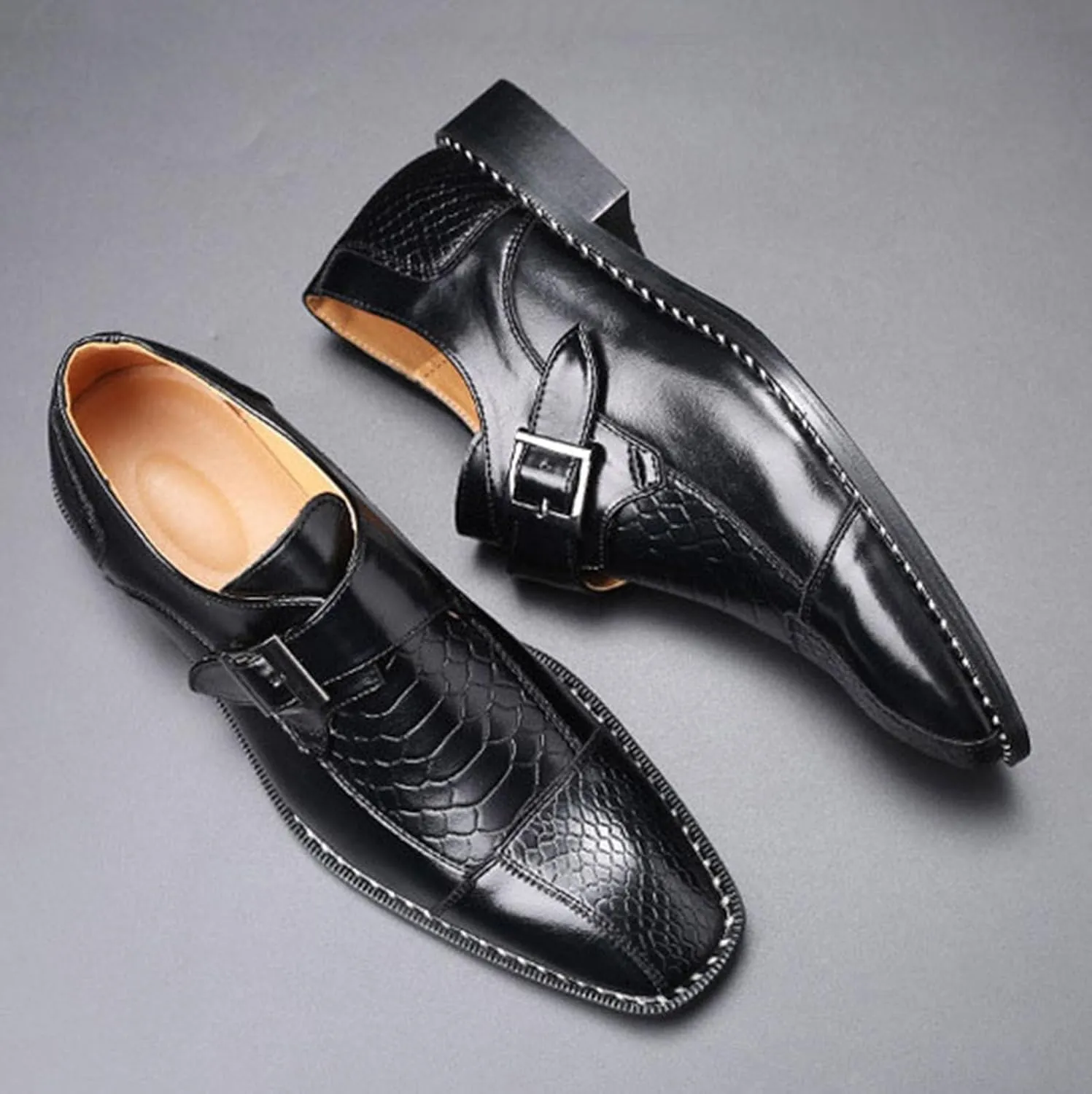 Men's Monk Strap Dress Shoes - Slip on Dress Shoes for Men with Embossed Cap Toe - Designer Formal Shoes with Monk Strap