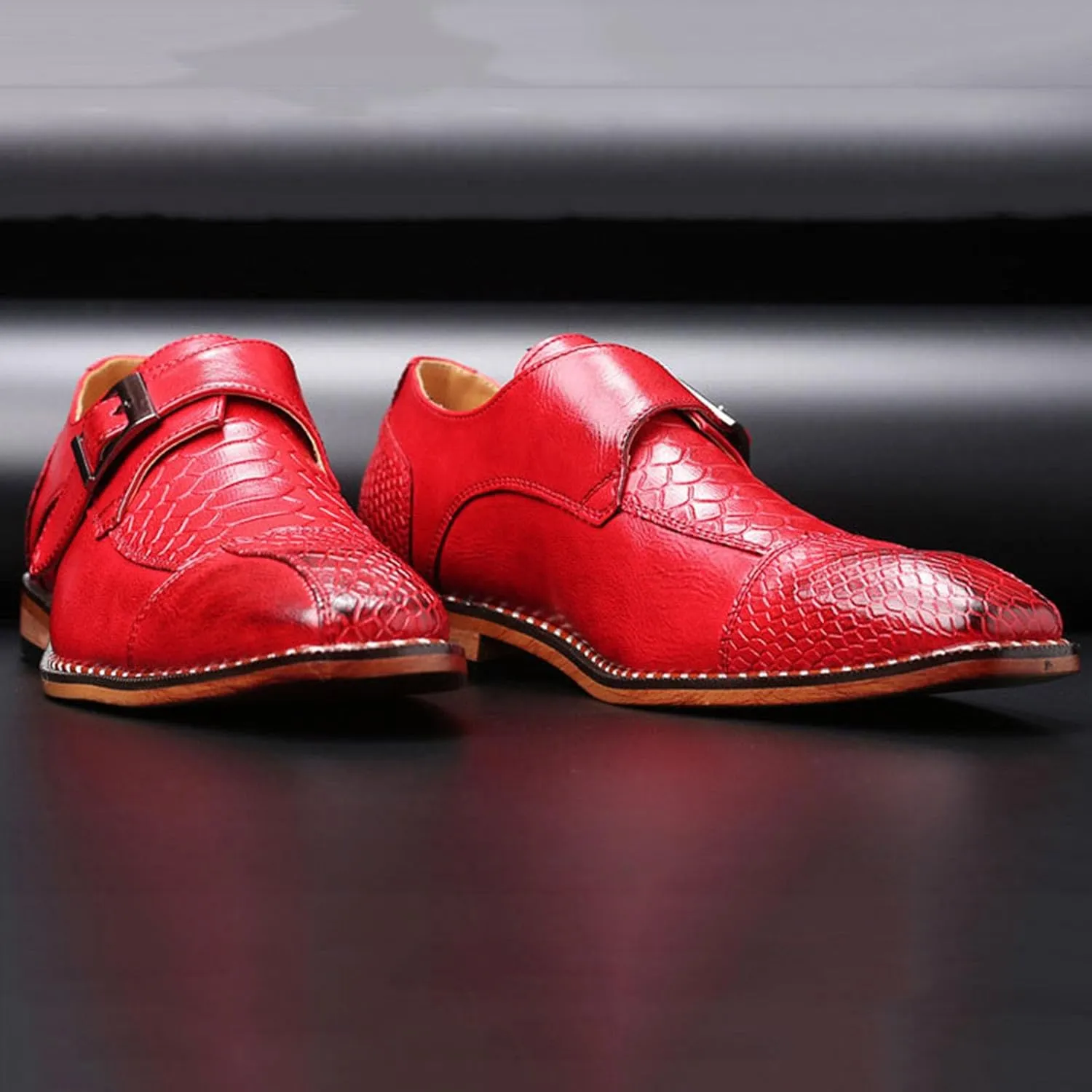Men's Monk Strap Dress Shoes - Slip on Dress Shoes for Men with Embossed Cap Toe - Designer Formal Shoes with Monk Strap