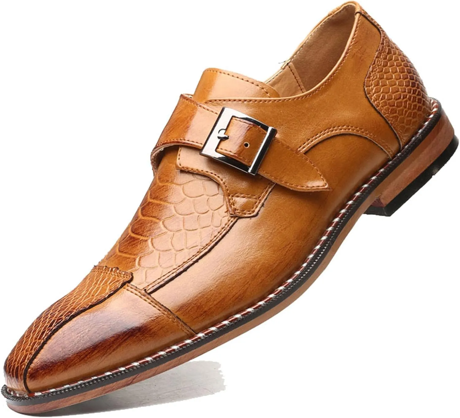 Men's Monk Strap Dress Shoes - Slip on Dress Shoes for Men with Embossed Cap Toe - Designer Formal Shoes with Monk Strap
