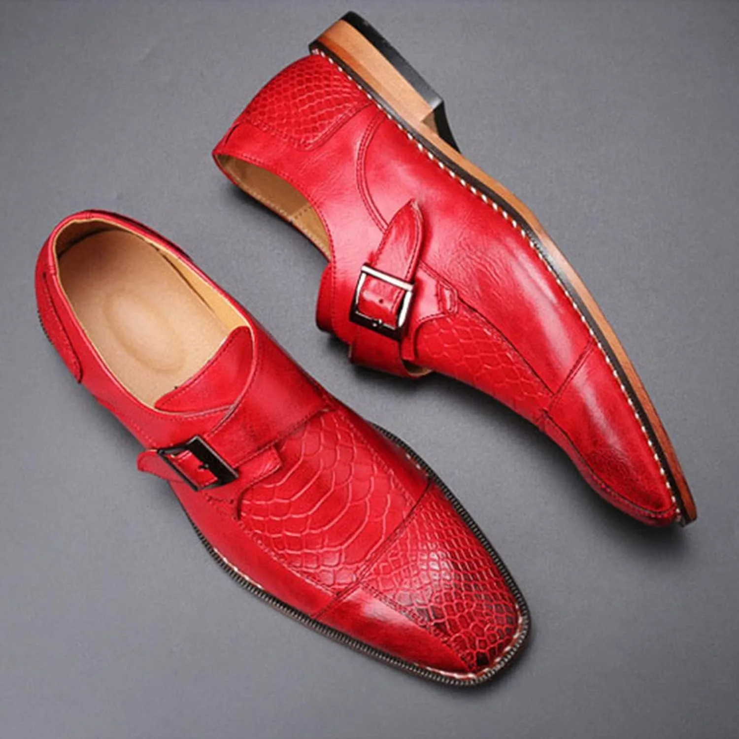 Men's Monk Strap Dress Shoes - Slip on Dress Shoes for Men with Embossed Cap Toe - Designer Formal Shoes with Monk Strap
