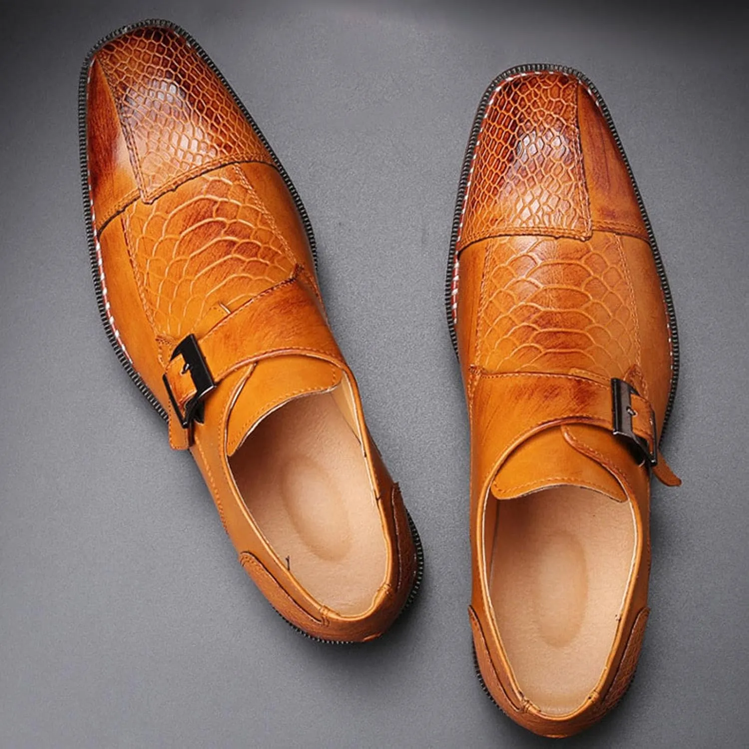 Men's Monk Strap Dress Shoes - Slip on Dress Shoes for Men with Embossed Cap Toe - Designer Formal Shoes with Monk Strap