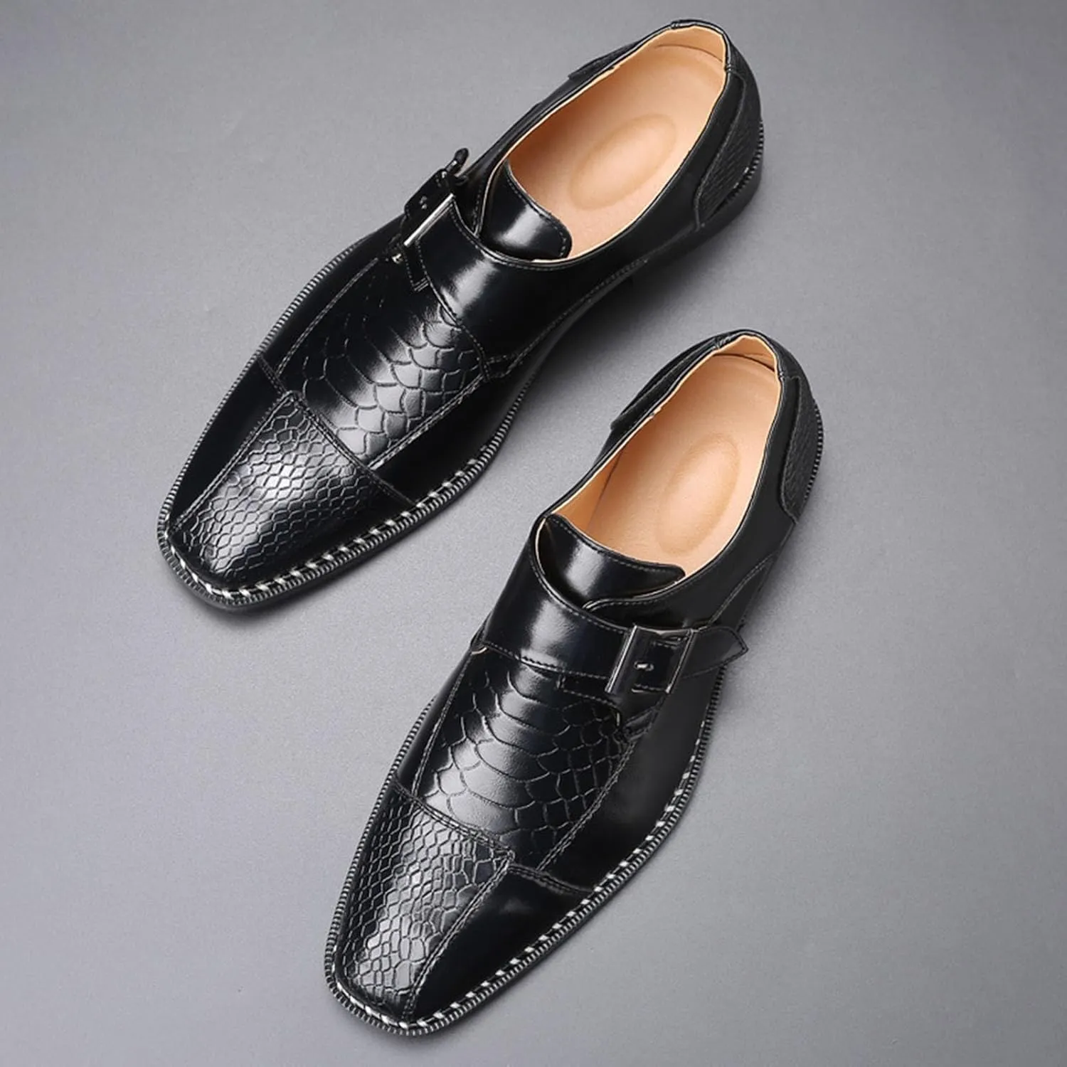 Men's Monk Strap Dress Shoes - Slip on Dress Shoes for Men with Embossed Cap Toe - Designer Formal Shoes with Monk Strap