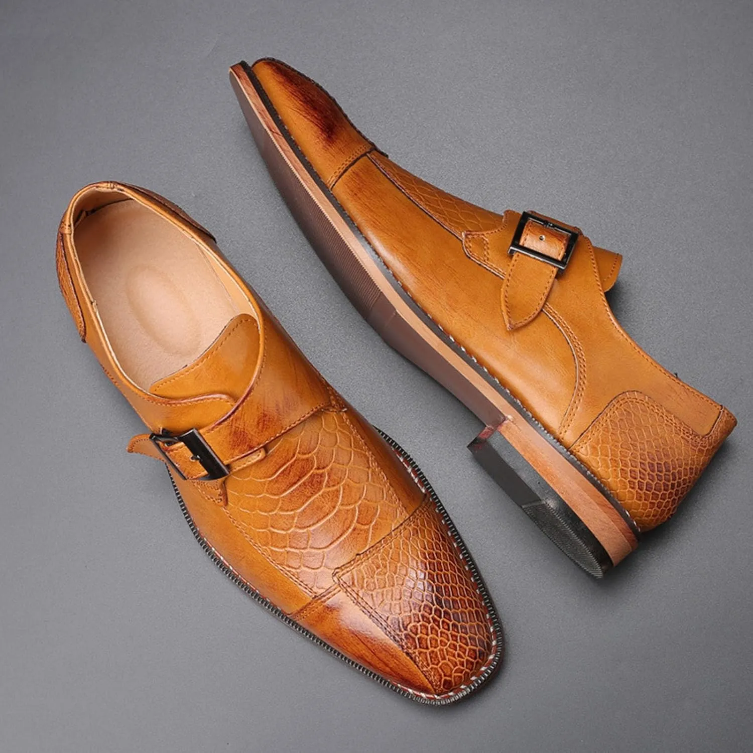 Men's Monk Strap Dress Shoes - Slip on Dress Shoes for Men with Embossed Cap Toe - Designer Formal Shoes with Monk Strap