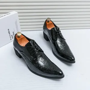 Men's Printing Pointed-Toe Patent Leather Derby Oxford Shoes,Classic Lace-up Low Top Block High Heel Fashion Slip On Prom Business Wedding Dress Shoes(Noir,10)