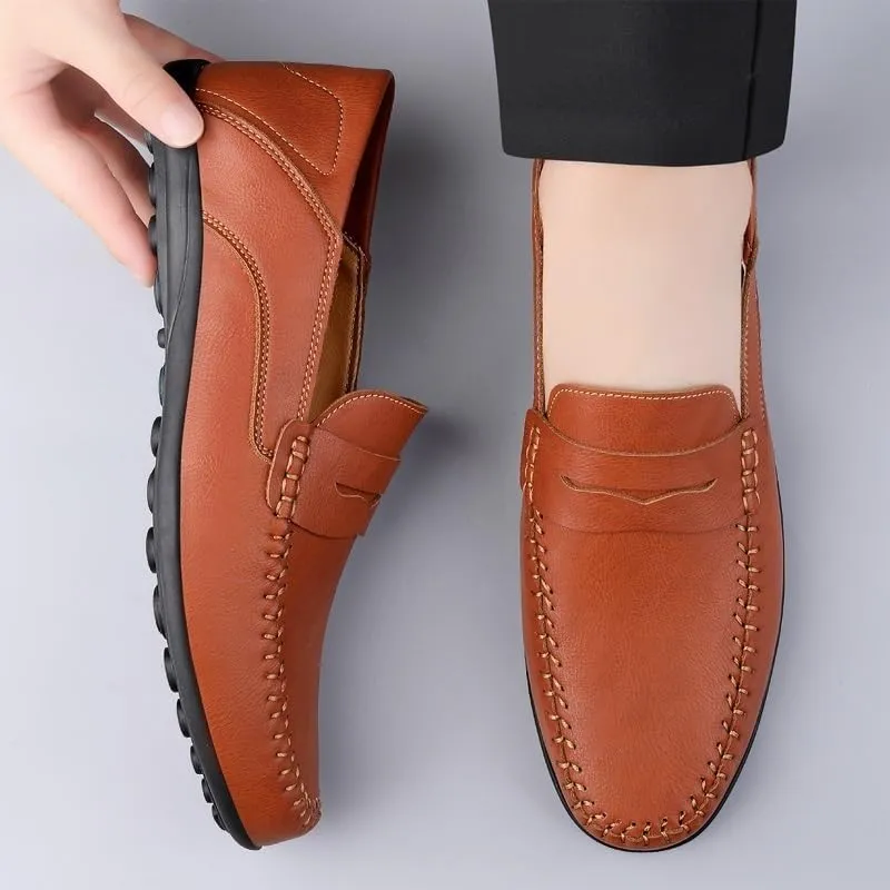 Men's Prom Loafers Leather Business Solid Color Prom Non Slip Low Top Block Heel Anti-Slip Shoe Slip On