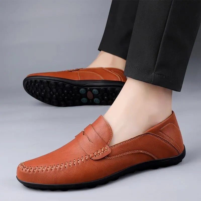 Men's Prom Loafers Leather Business Solid Color Prom Non Slip Low Top Block Heel Anti-Slip Shoe Slip On