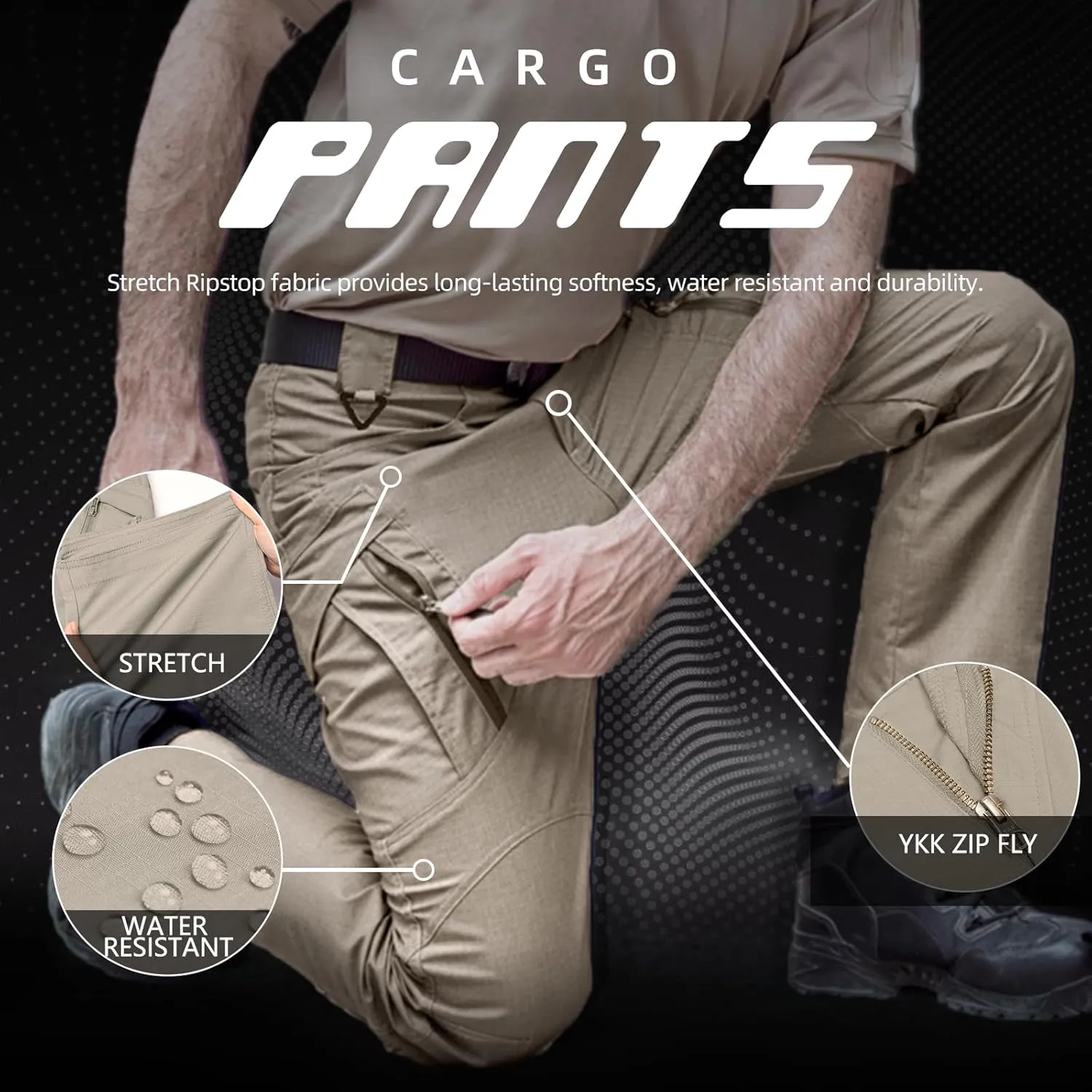 Men's Ripstop Tactical Pants Water Resistant Stretch Cargo Pants Lightweight EDC Hiking Work Pants