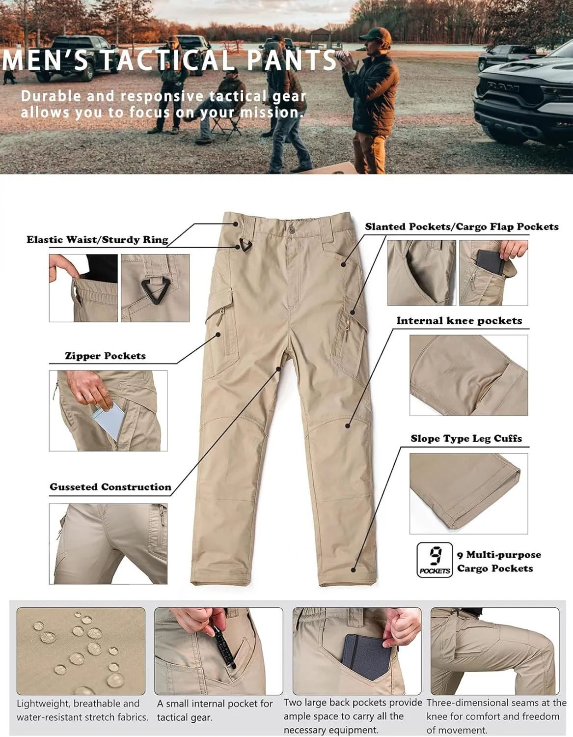 Men's Ripstop Tactical Pants Water Resistant Stretch Cargo Pants Lightweight EDC Hiking Work Pants