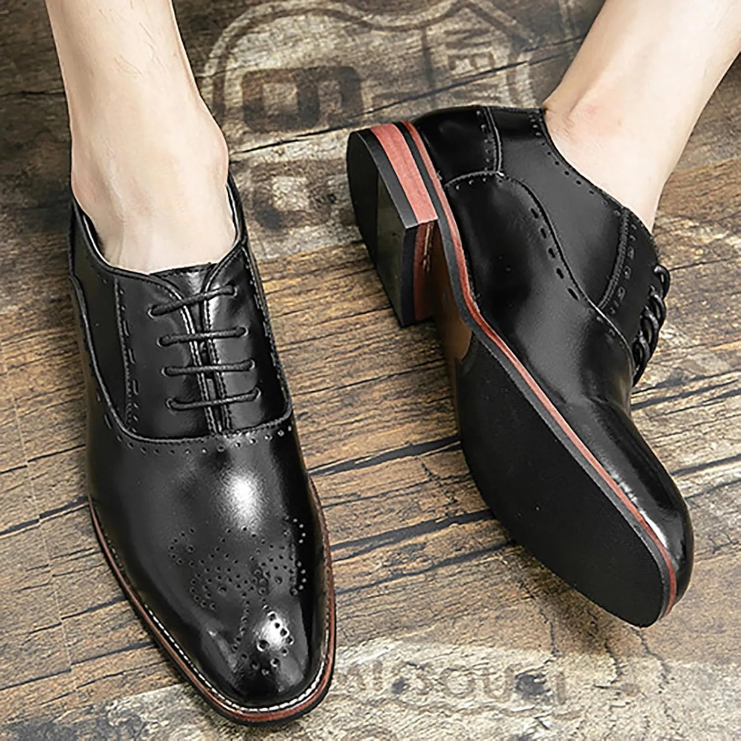 Men's Stitching Leather Lace-Up Dress Oxford Shoes Business Party Formal Shoes Comfortable Anti-Slip Pointed Toe Causal Shoes