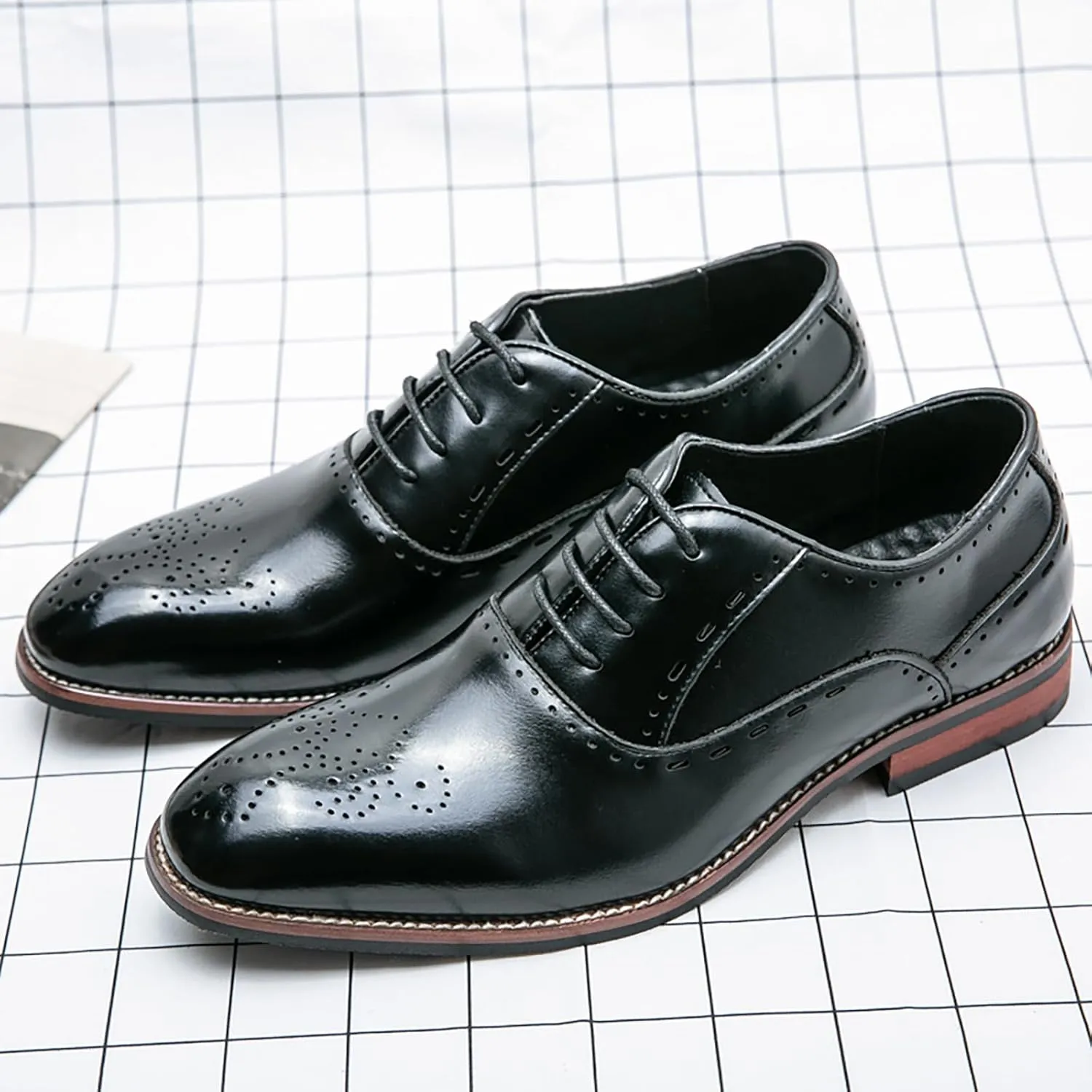 Men's Stitching Leather Lace-Up Dress Oxford Shoes Business Party Formal Shoes Comfortable Anti-Slip Pointed Toe Causal Shoes
